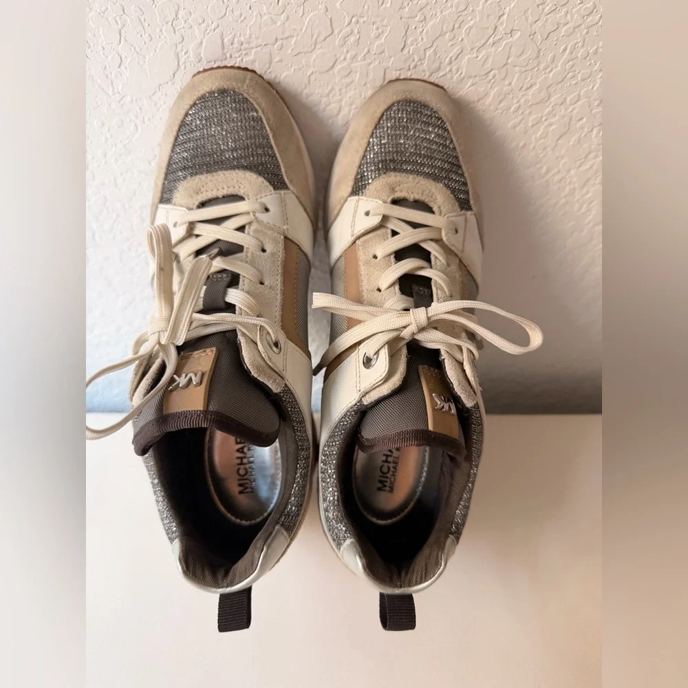 Michael Kors Georgie Mixed-Media Trainers | Silver & Tan Sneakers